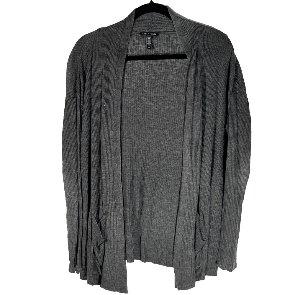Eileen Fisher Linen Cotton Open Front Minimalist Sweater Cardigan Size M Layer